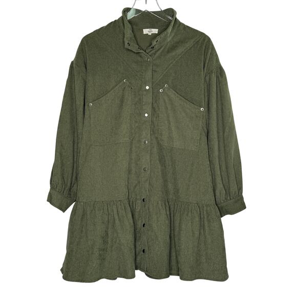 entro Dresses & Skirts - Entro Olive Military Green Ruffle Corduroy Mini Shirt Dress L Pocket Detail